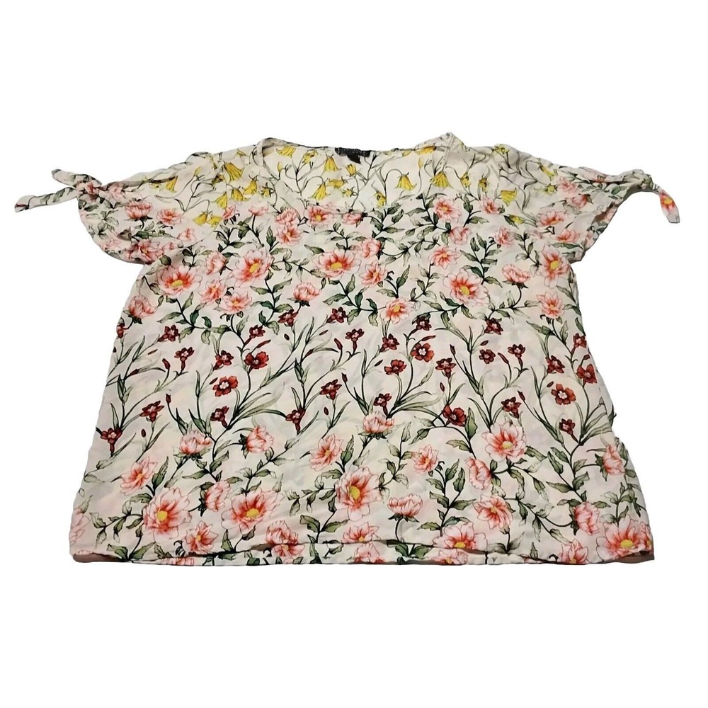 Luxology Cream Pink Floral Blouse XL Cold Shoulder Bow Top Polyester Length 25"